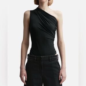 MATERIEL TBILISI Designer Sz L One Shoulder Side Ruched Bodysuit Black NWOT